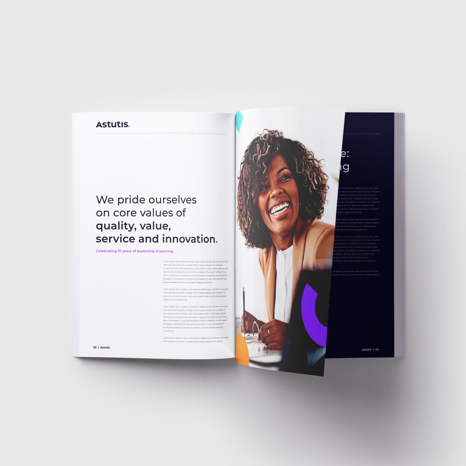 Open magazine featuring a smiling woman at a desk on the left page, and text discussing company values on the right, designed with modern graphics and typography by a top Design Agency UK.