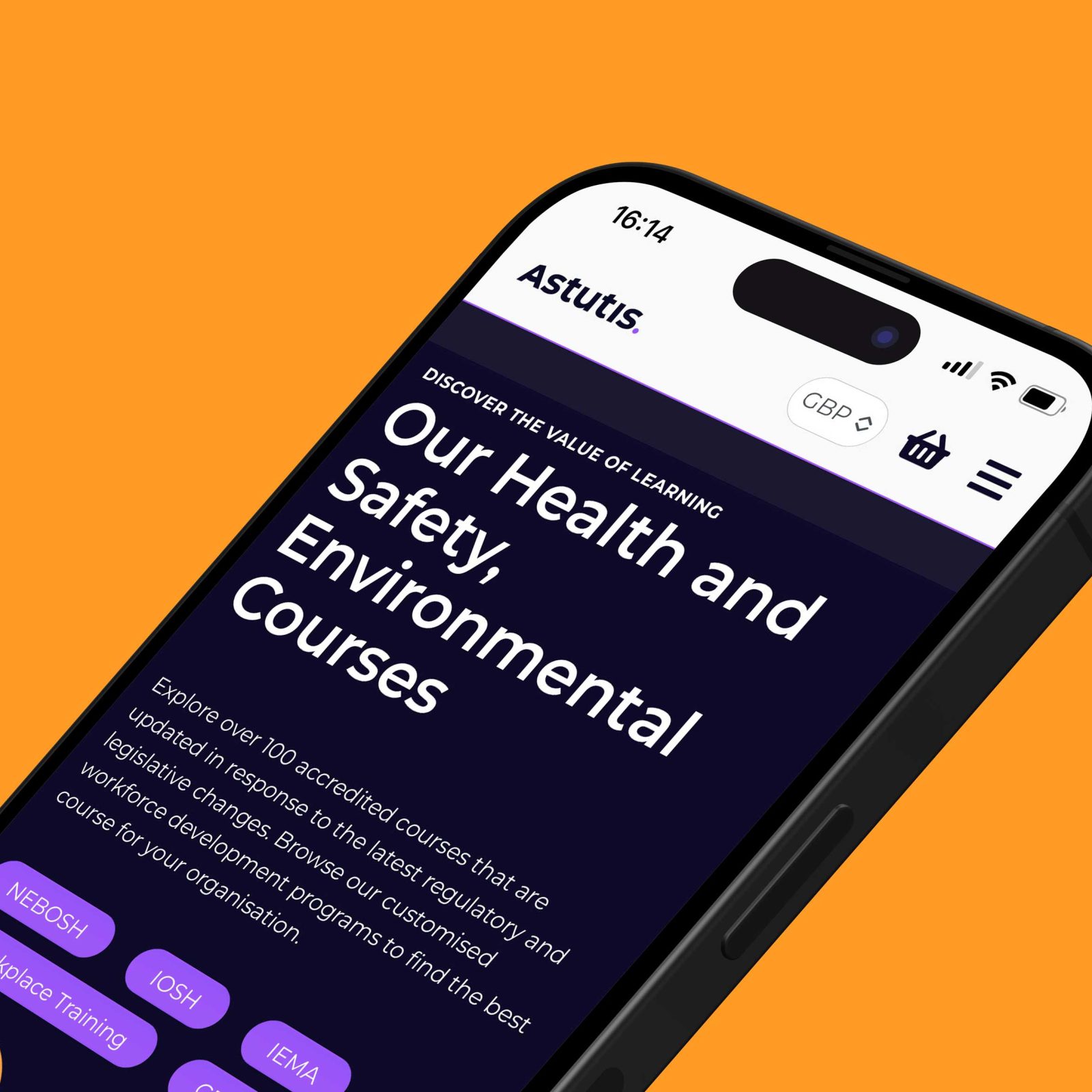 A smartphone displaying a website designed by a Web Agency Bristol, offering courses on health and safety, and environmental issues. The screen shows menu options and a search bar on a vibrant orange background.