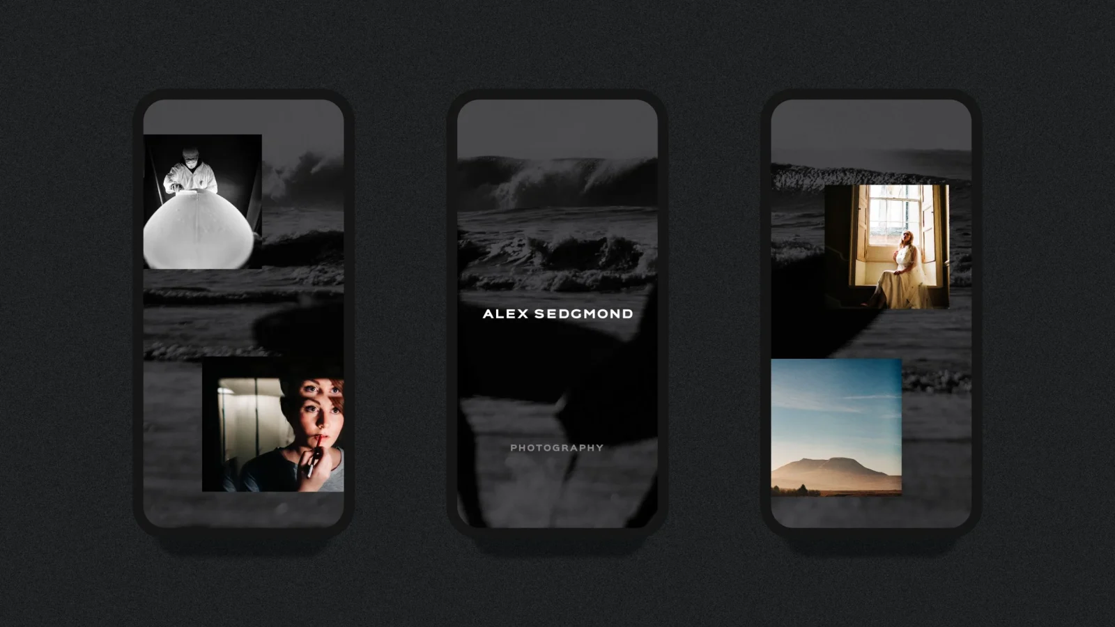 Three smartphones showcasing a design agency's portfolio, including a wedding dress, a dramatic ocean wave, a bride in a window, a screaming man, and a serene sunset landscape.