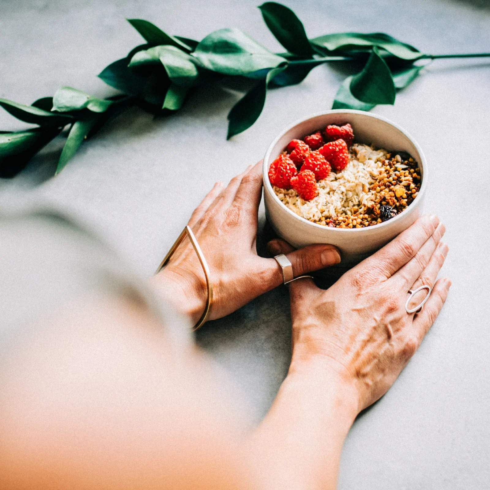 A person holding a bowl of granola topped with raspberries on a gray surface, flanked by green leaves, showcasing a minimalist aesthetic designed by a design agency in Wales.