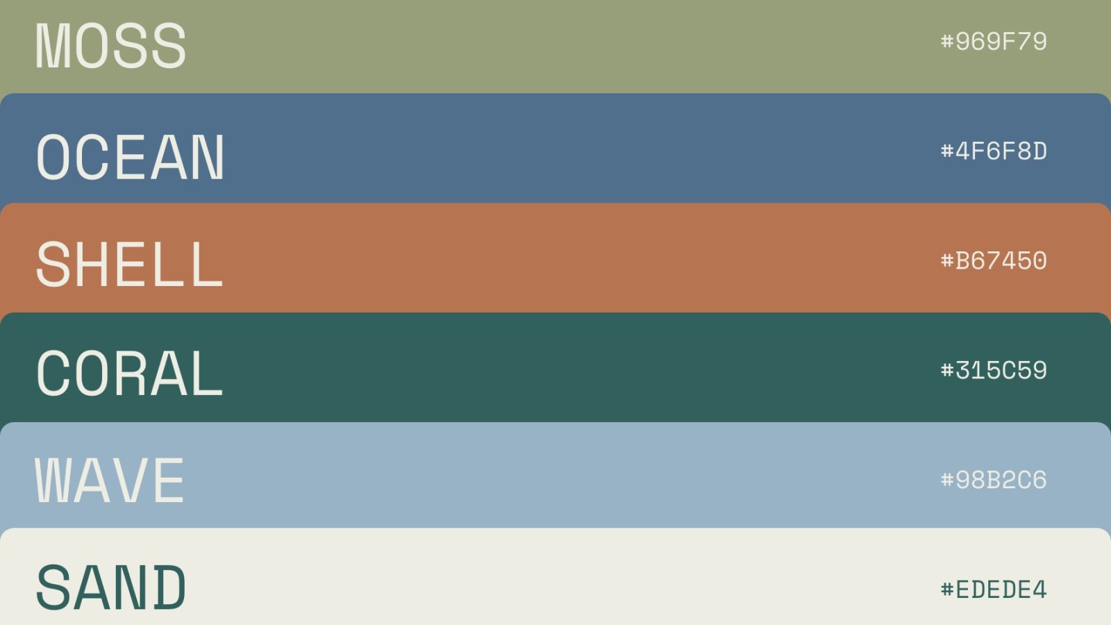 Color palette with six shades labeled: Moss, Ocean, Shell, Coral, Wave, and Sand, each with corresponding hex codes.