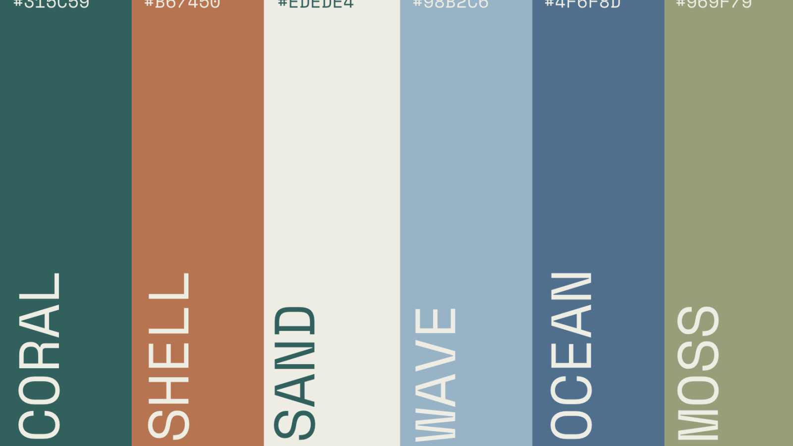 An image crafted by a Design Agency UK displaying a palette of six vertical color bars, each with corresponding names and hex codes: coral (#315c59), shell (#b67450), sand