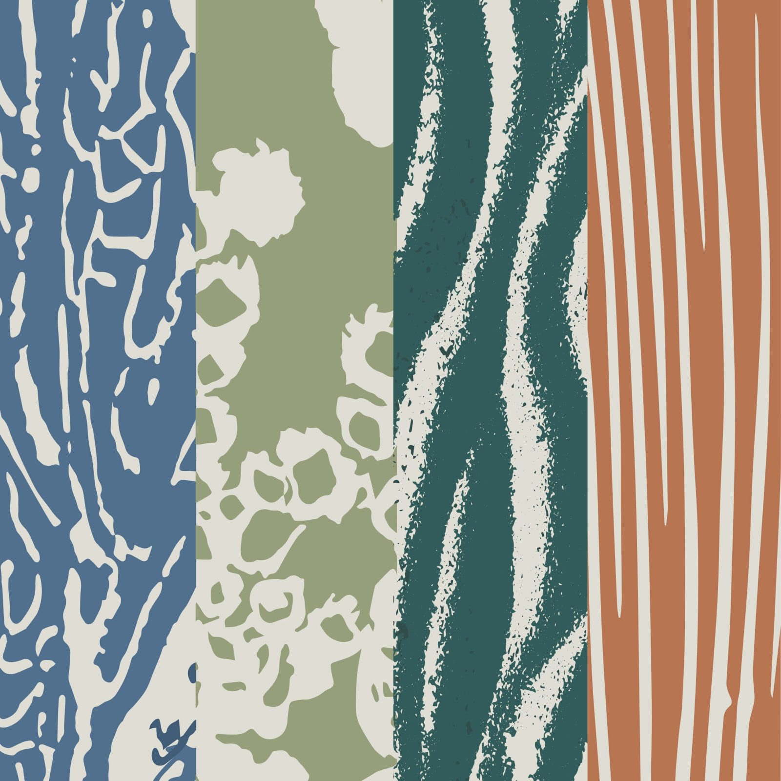 Four vertical panels display abstract designs in blue, green, teal, and orange, with textures resembling tree bark, plant shapes, water ripples, and striped fabric.