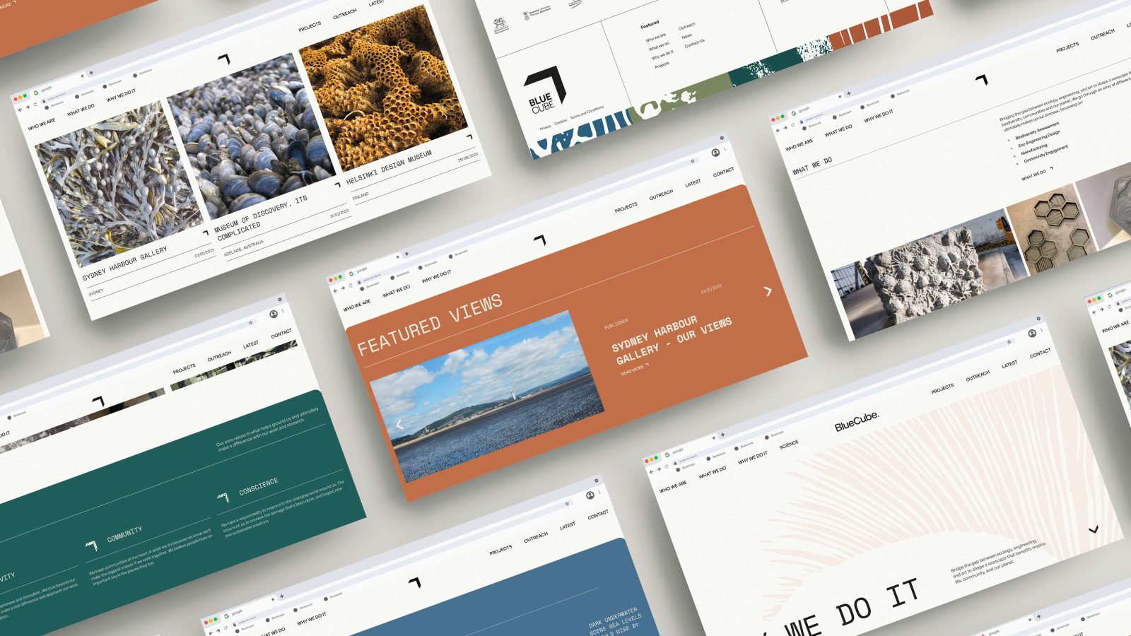 Array of brand design mockups displayed in a grid, featuring various color schemes and layouts, including images, charts, and text content.