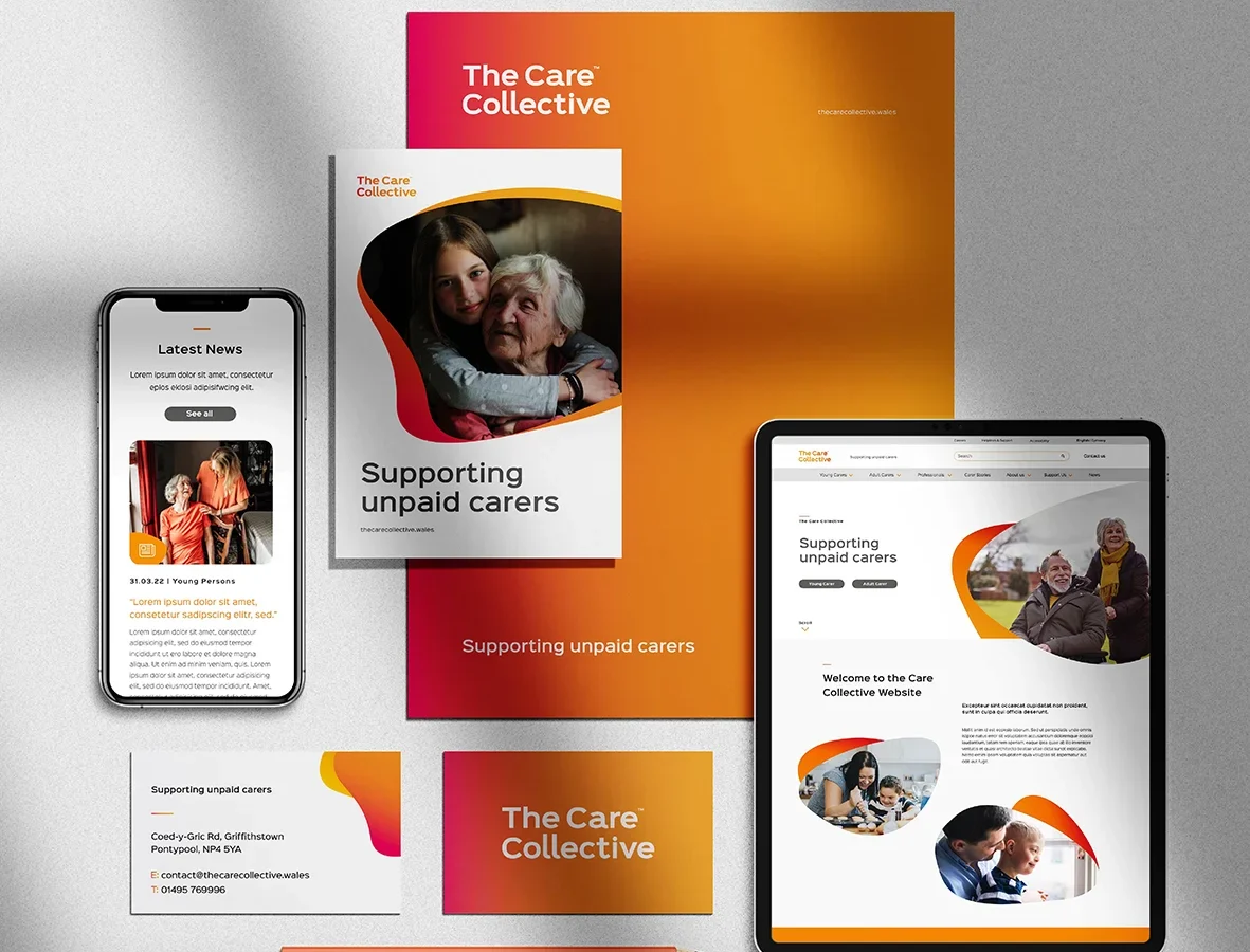 A collection of promotional materials for the care collective, featuring a smartphone, a tablet, brochures, and sheets updated with brand design elements and supporting information for unpaid carers.