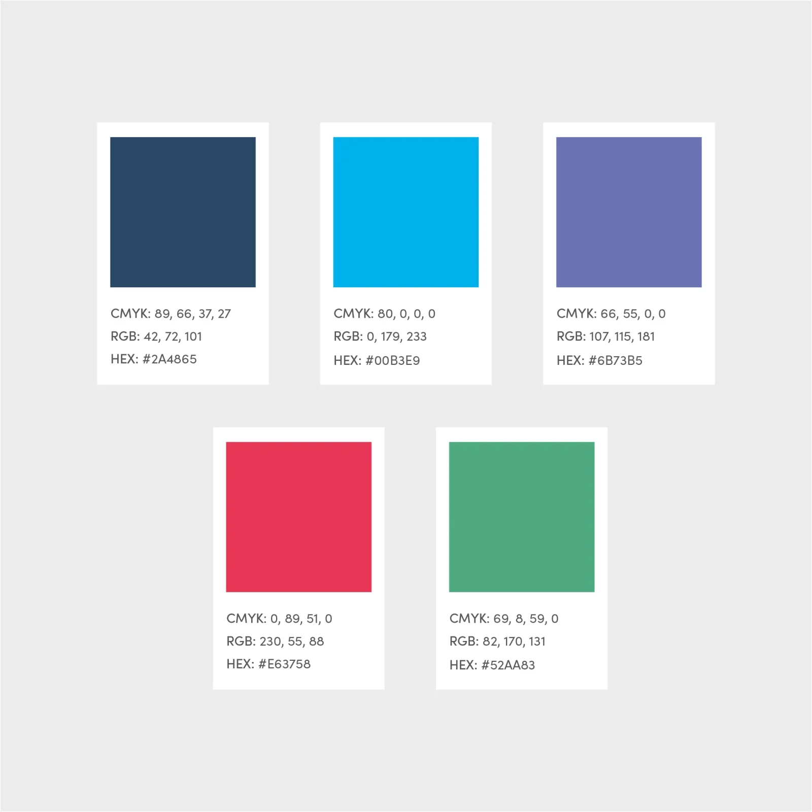 Six colored squares with their corresponding CMYK, RGB, and hex color values tailored for a design agency in Bristol: deep blue, bright blue, purple, red, and two shades of green.