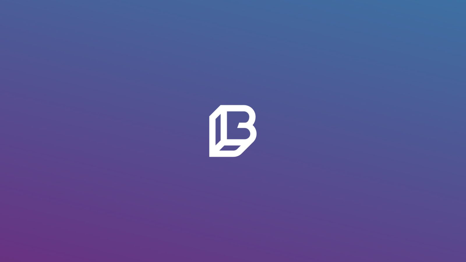 Gradient background transitioning from blue to purple with a white logo in the center resembling a stylized letter 