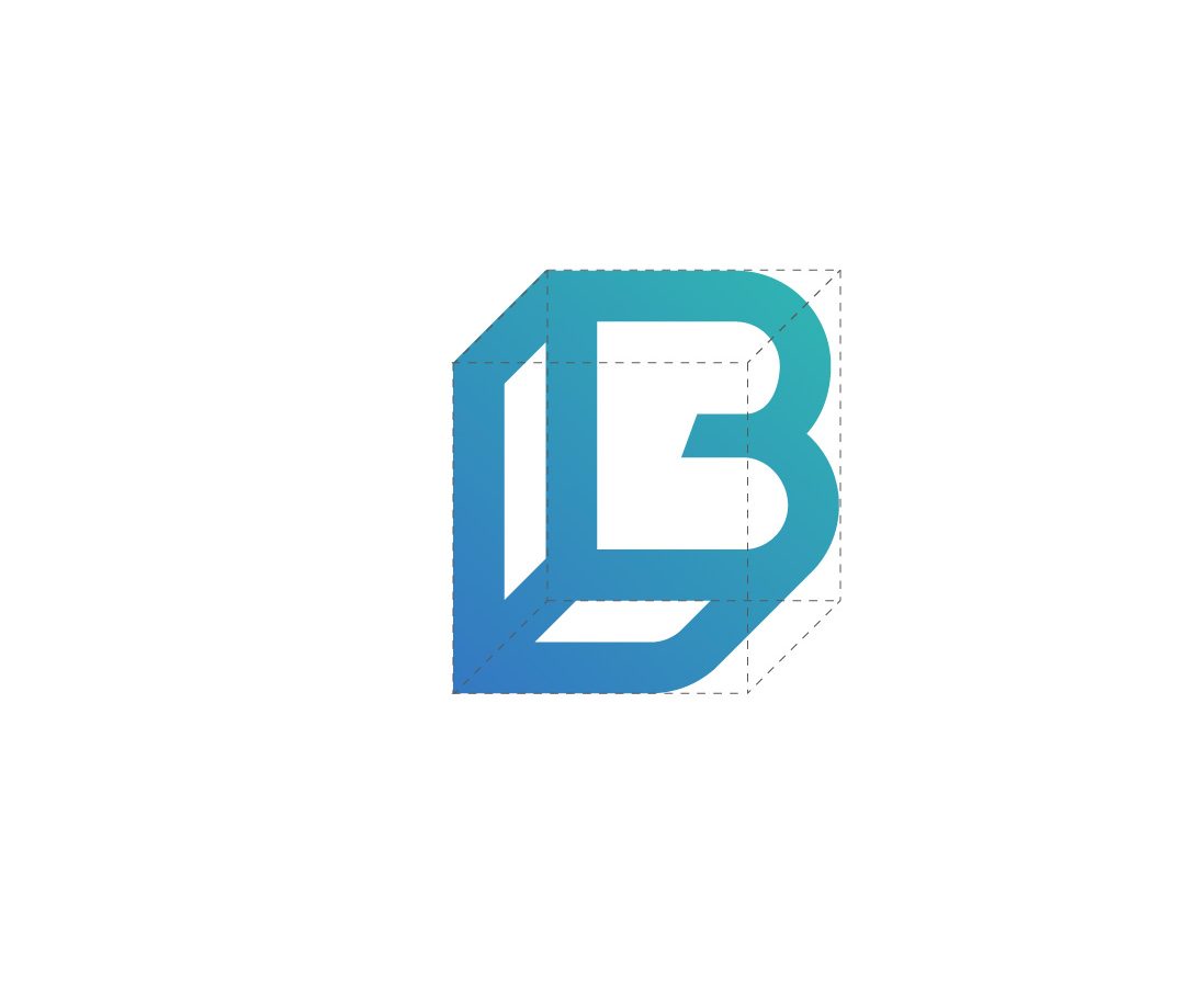 3D logo combining the letters L and B in shades of blue and teal, designed for a Brand Agency UK, with a white and gray shadow effect on a white background.