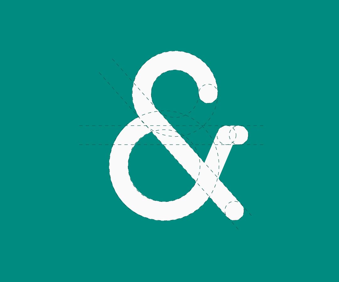 An illustration of a white ampersand symbol with distressed brand design texture, outlined by dashed lines showing its structure, set against a solid dark teal background.