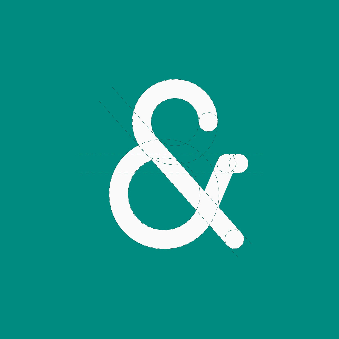 An illustration of a white ampersand symbol with distressed brand design texture, outlined by dashed lines showing its structure, set against a solid dark teal background.