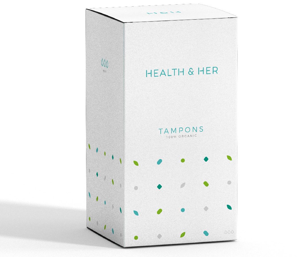 A package of Health & Her organic tampons, featuring a modern brand design with green and blue dots on a gray background. The box is cubic and clearly labeled with the product name.