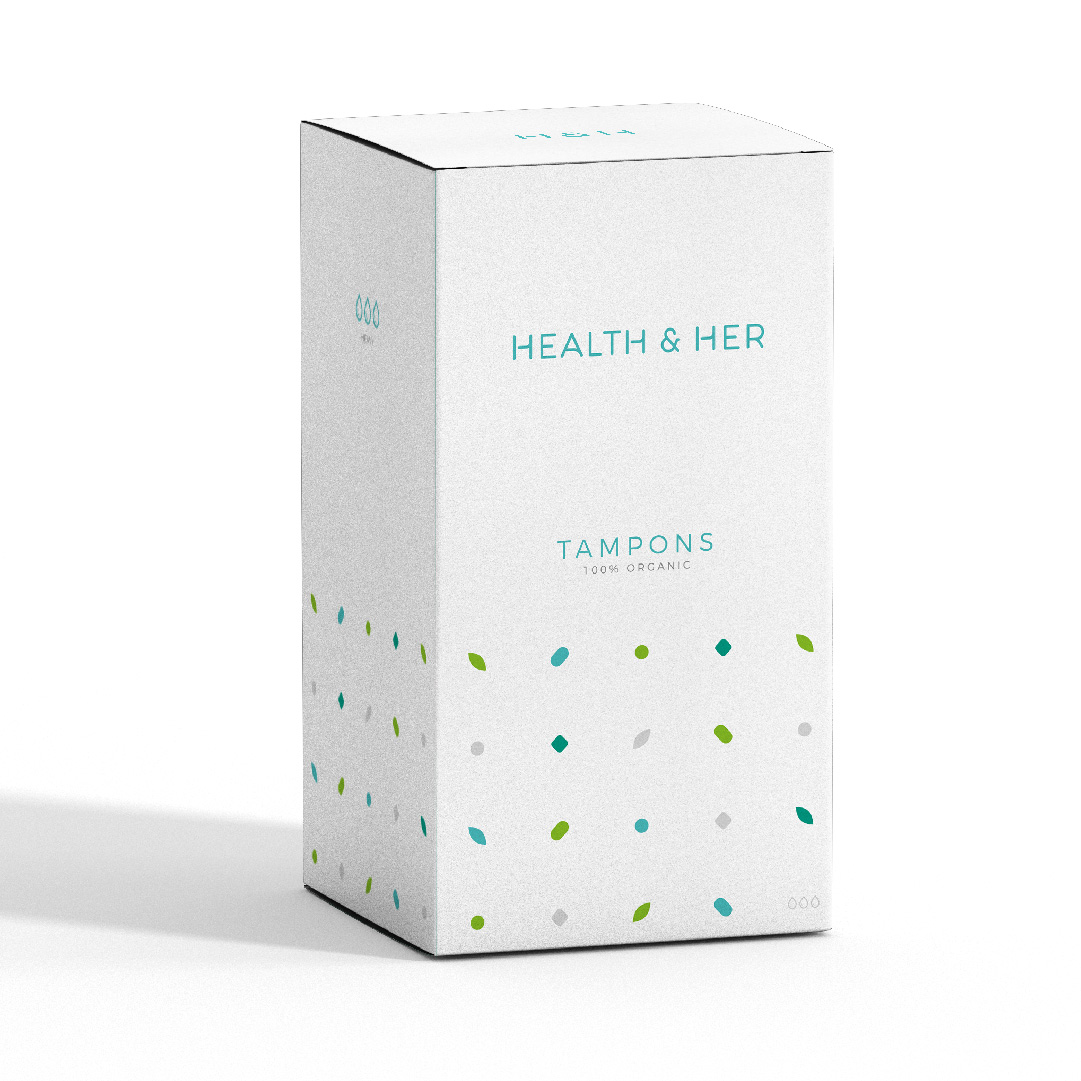 A package of Health & Her organic tampons, featuring a modern brand design with green and blue dots on a gray background. The box is cubic and clearly labeled with the product name.