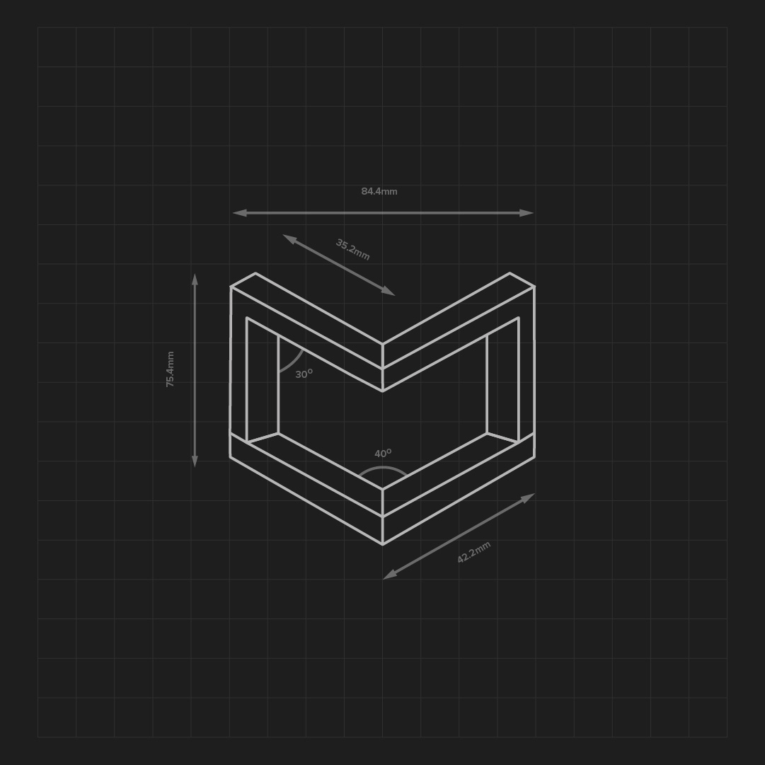 Technical drawing of an abstract geometric shape resembling a stylized heart on a grid background. The diagram includes precise dimensions, angle measurements, and is suitable for brand design.