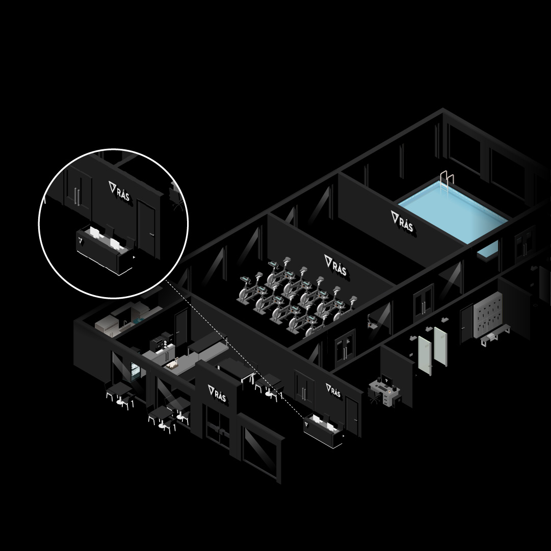 Isometric diagram of a gym with various workout stations, including treadmills, free weights, a swimming pool, and locker rooms. The image, crafted by a Design Agency UK, is detailed in