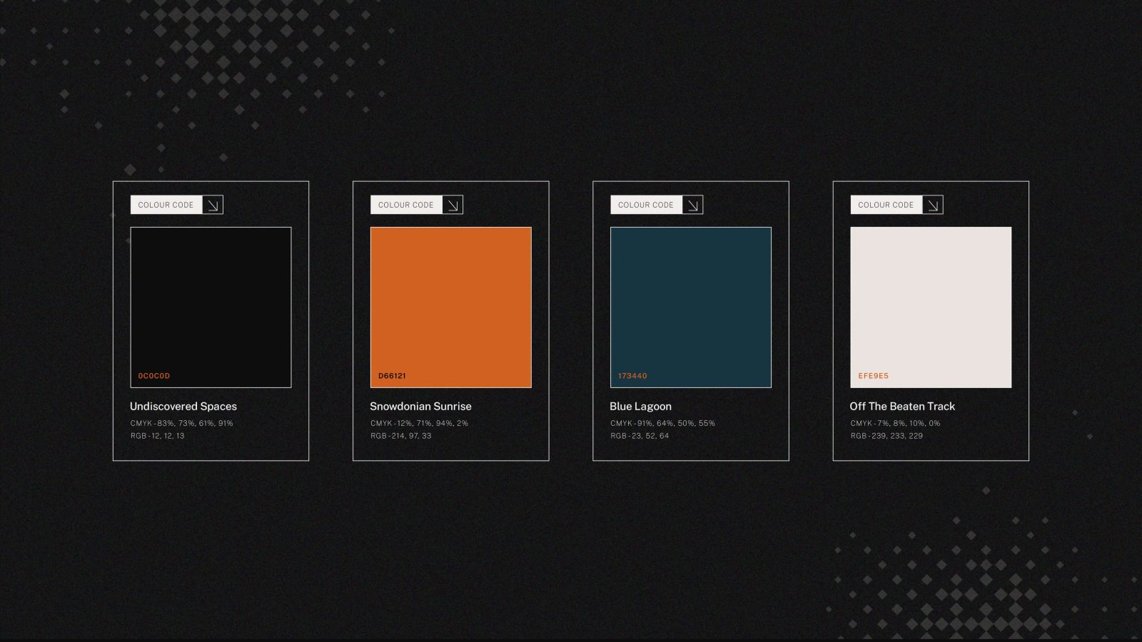 Four color swatches with labels and hex codes on a dark background: undiscovered spaces (black), stradivania sunrise (orange), blue lagoon (deep blue), and brand design track (