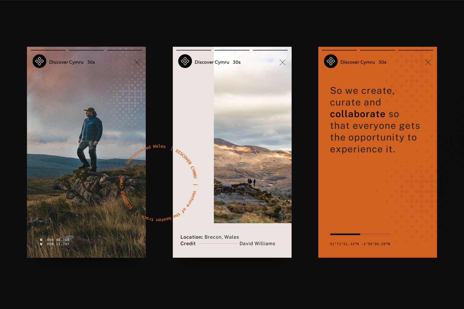 Three smartphone screens showcasing a website design about travel; first screen displays a man standing on a rocky hill with text overlay, second screen features a close-up text detail, and third shows a scenic landscape with