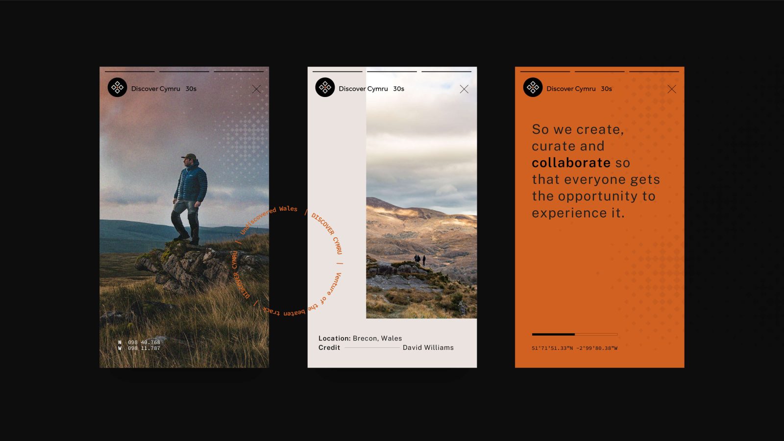 Three smartphone screens showcasing a website design about travel; first screen displays a man standing on a rocky hill with text overlay, second screen features a close-up text detail, and third shows a scenic landscape with