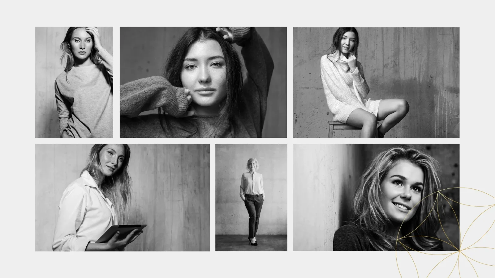 A collage of six monochrome portraits of different women, showcasing a variety of expressions and poses against plain backgrounds, interspersed with abstract golden line art by a design agency in Wales.