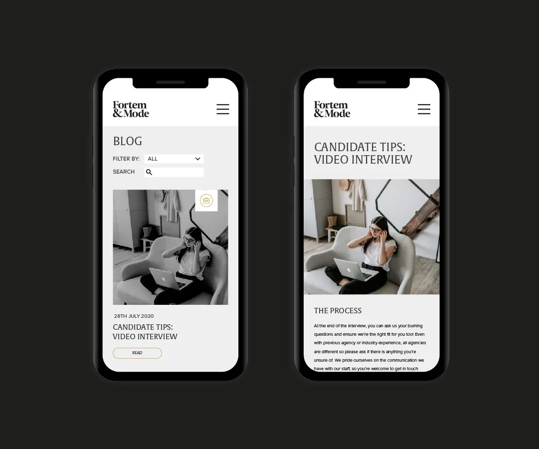 Two smartphones displaying a website with tips for video interviews, designed by a brand design agency, featuring black and white themes with text and images of a person preparing for an interview.