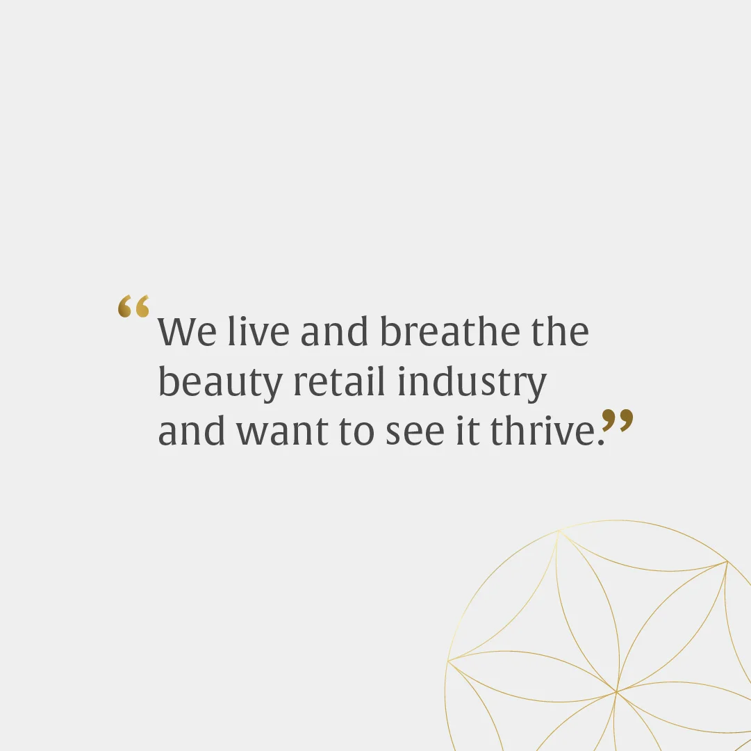 A minimalist image featuring a quote about passion for the beauty retail industry, designed by a design agency in Bristol, set against a light background with a subtle geometric pattern.