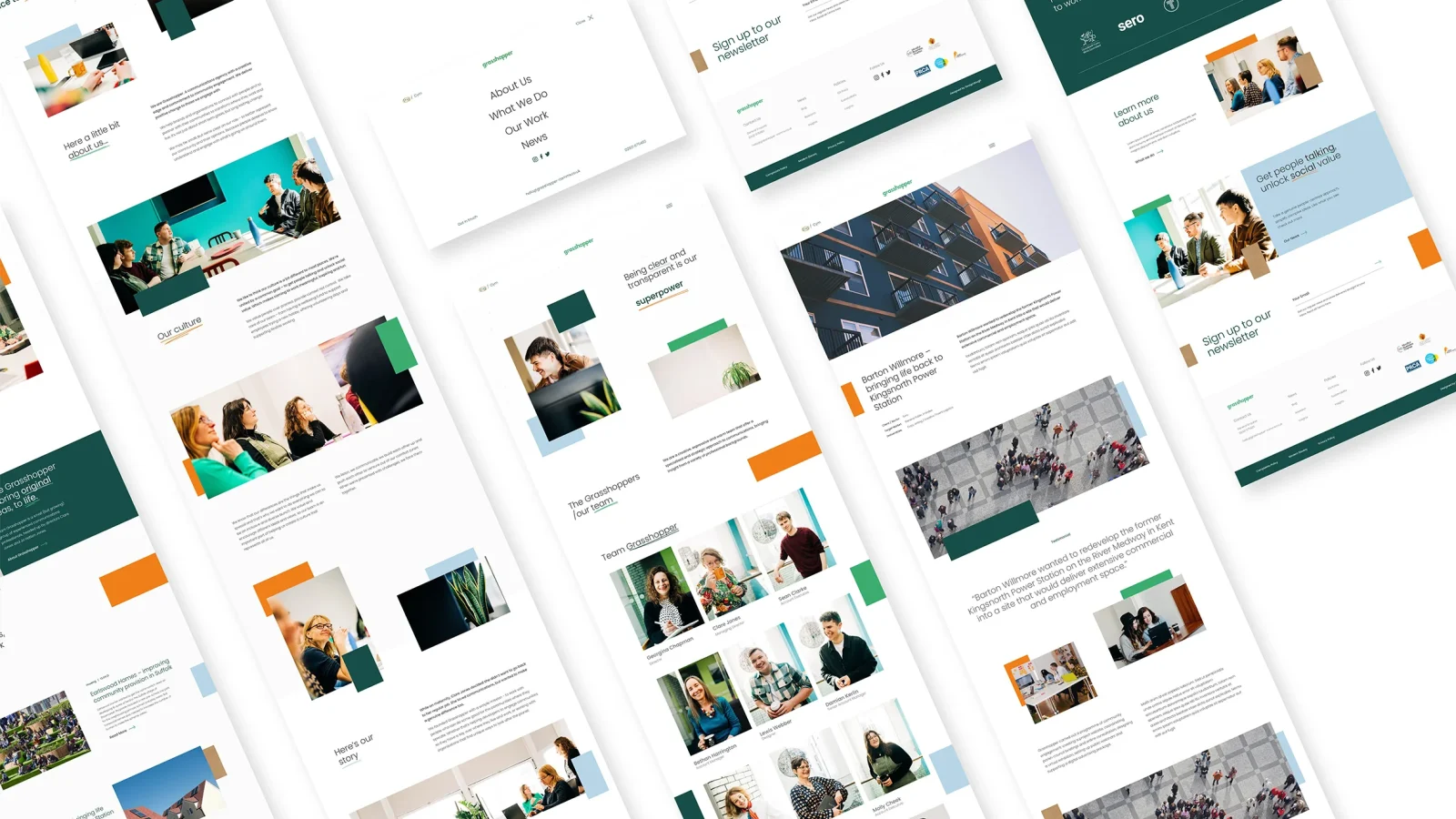 A collage of various website designs, featuring clean layouts with text, images of people in business and casual settings, and diverse color schemes. the examples focus on user interface elements and branding.