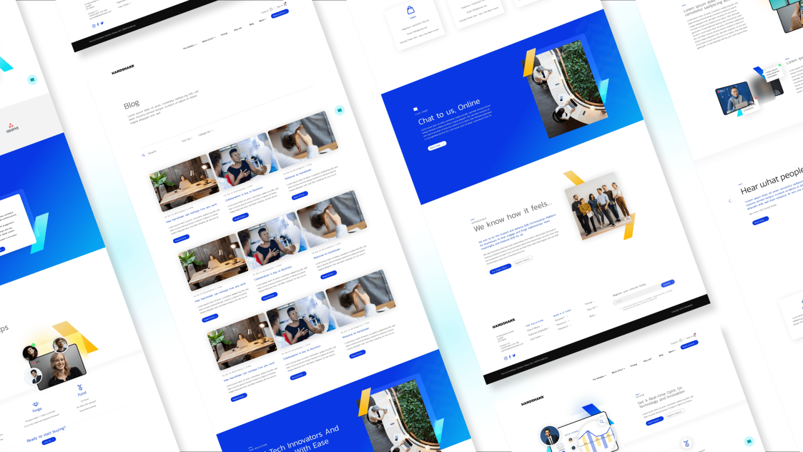 A collage of various website interface designs in blue and white, showcasing layouts for blogs, profiles, and articles for a Design Agency UK.