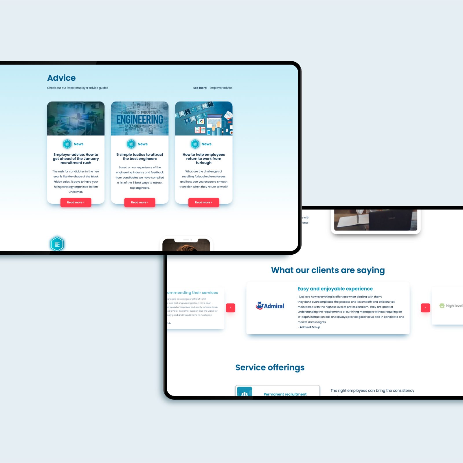 Three digital devices displaying sections of a professional website with text and images, focused on advice, engineering, and client testimonials for a Web Agency Bristol.