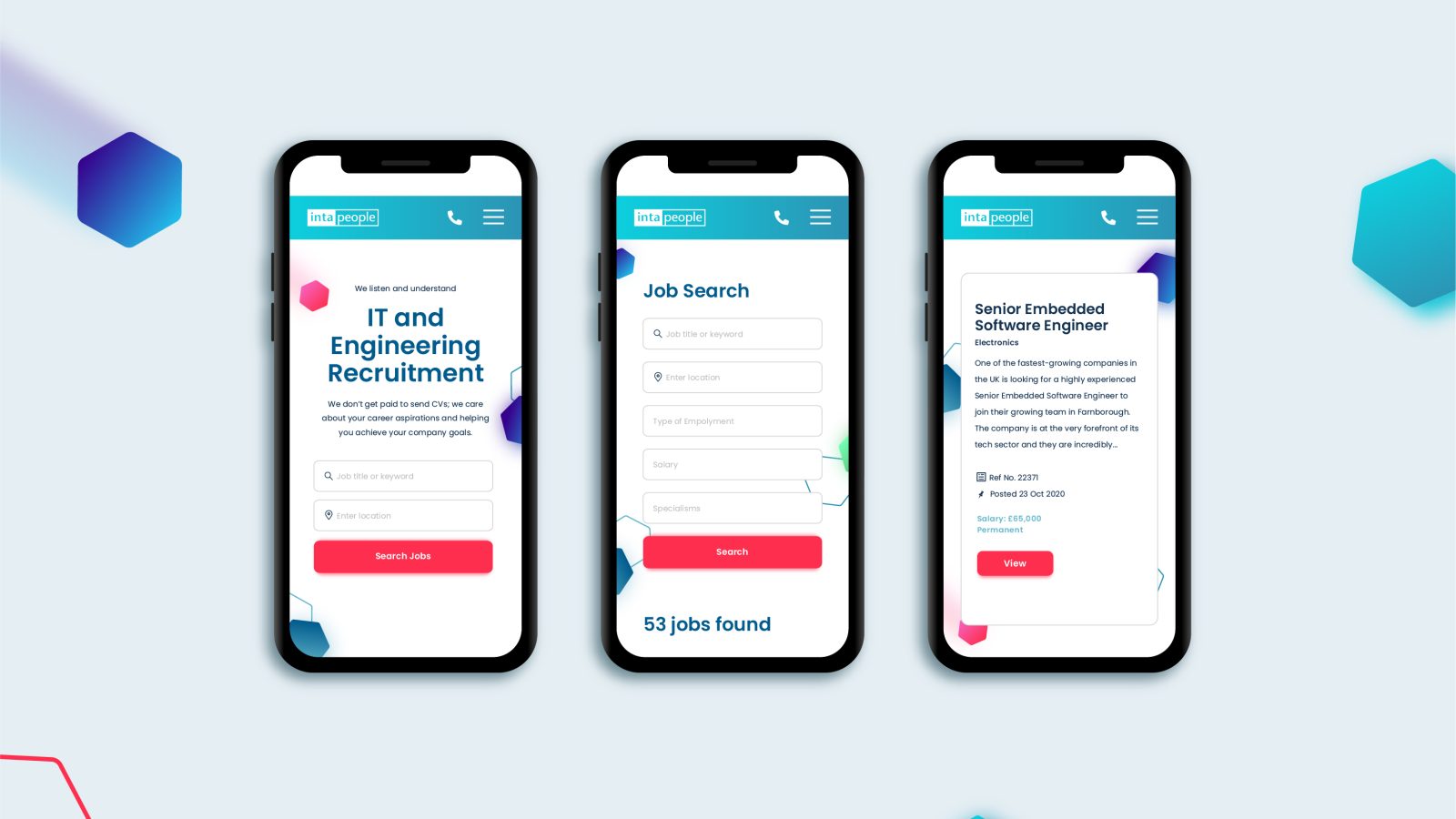 Three smartphones displaying a website design and engineering recruitment app with different screens: homepage, job search results, and a job description for a senior embedded software engineer.