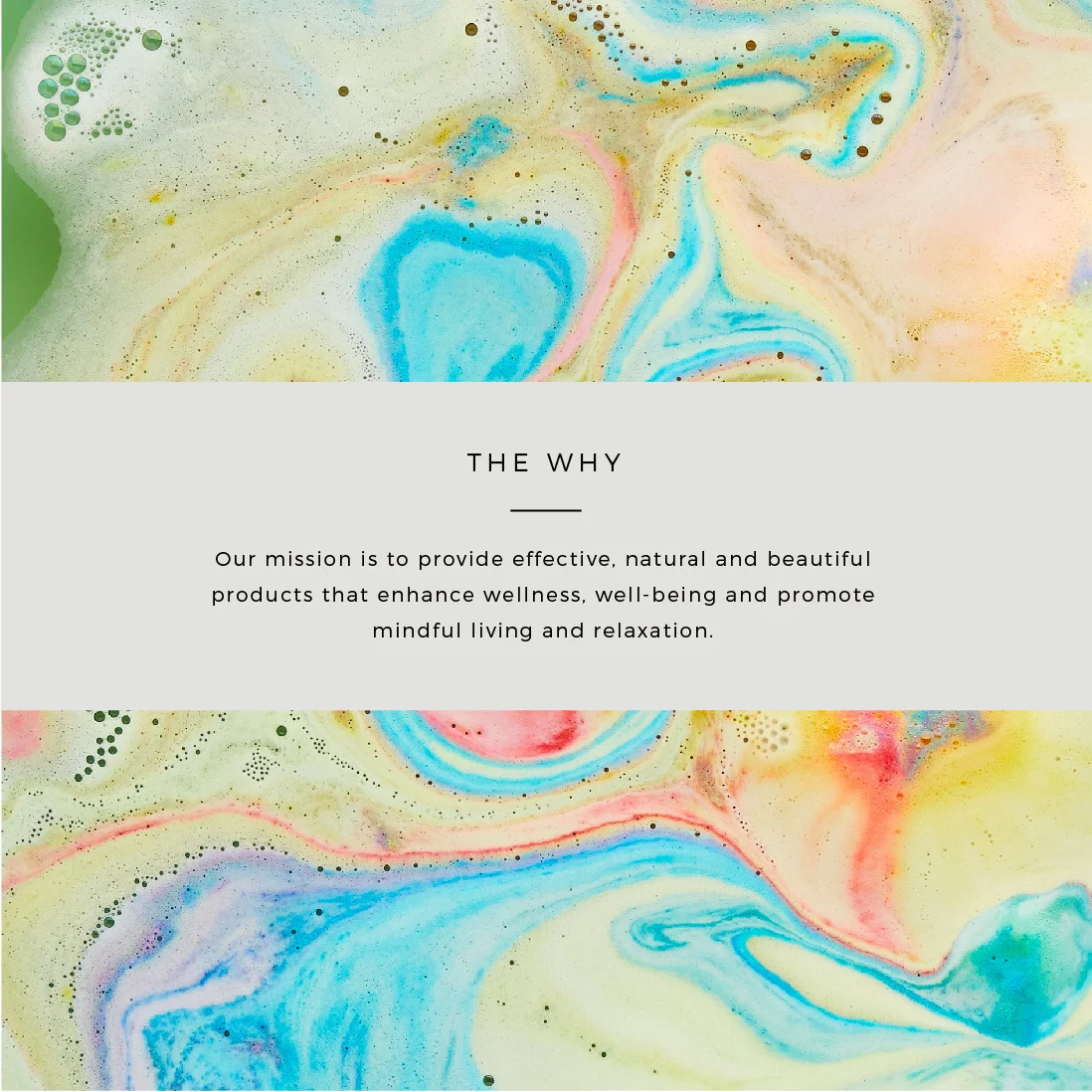 Abstract colorful marbled background in pastel tones with white space containing text that describes a mission statement focused on promoting wellness, well-being, and relaxation, crafted by a design agency Wales.