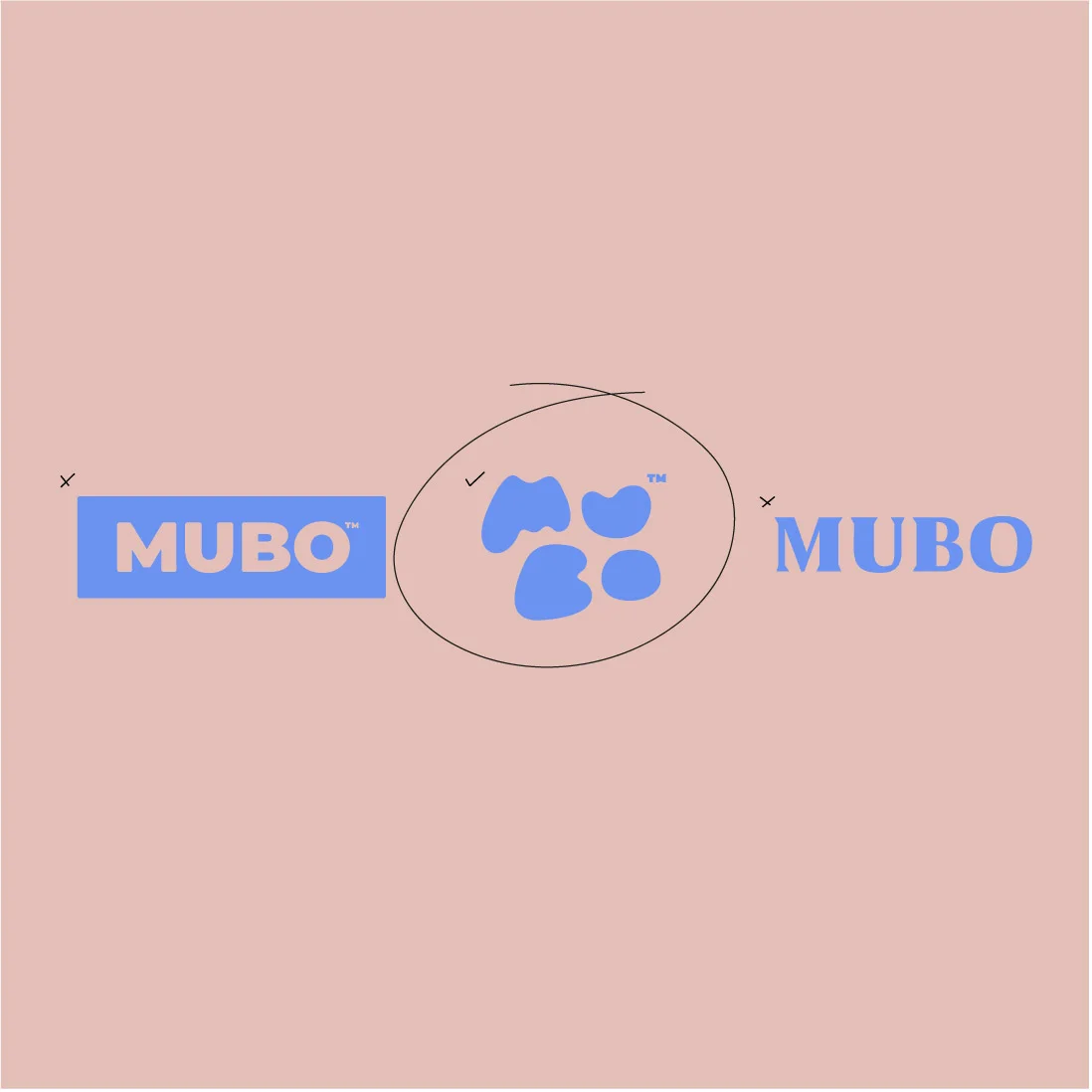 A minimalist brand design with a light pink background, featuring a large circle at the center with a blue paw print inside. The word 