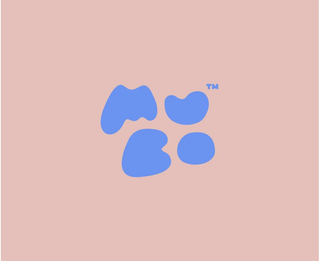 Abstract blue shapes on a pale pink background, arranged closely together for brand design, with a small trademark symbol in the upper right.