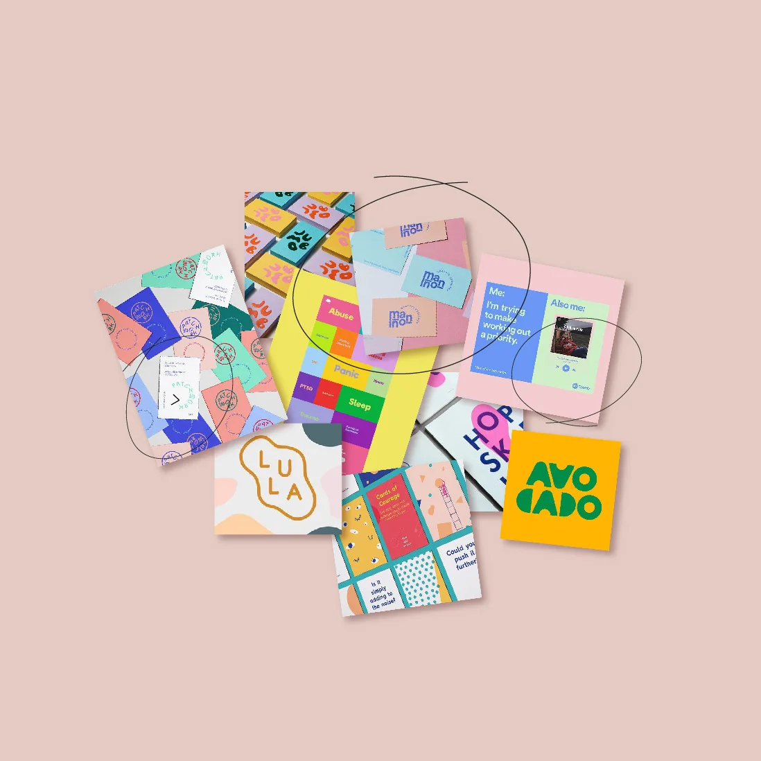 A collection of colorful illustrated cards with various brand designs and texts scattered on a pale pink background.