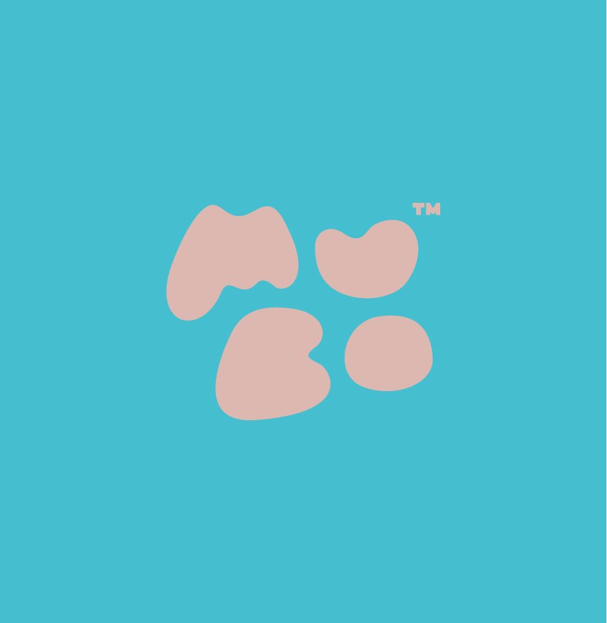 This image shows an abstract design resembling three pink blobs against a bright blue background, prominently featuring a trademark symbol (™) in the top right corner, suitable for brand agency presentations.