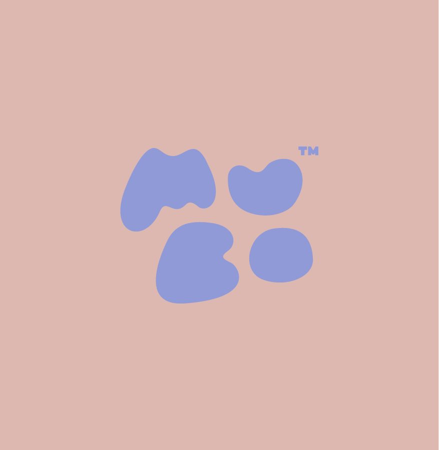 Abstract blue shapes on a soft pink background with a trademark symbol in the top right corner, created by a design agency in Bristol.