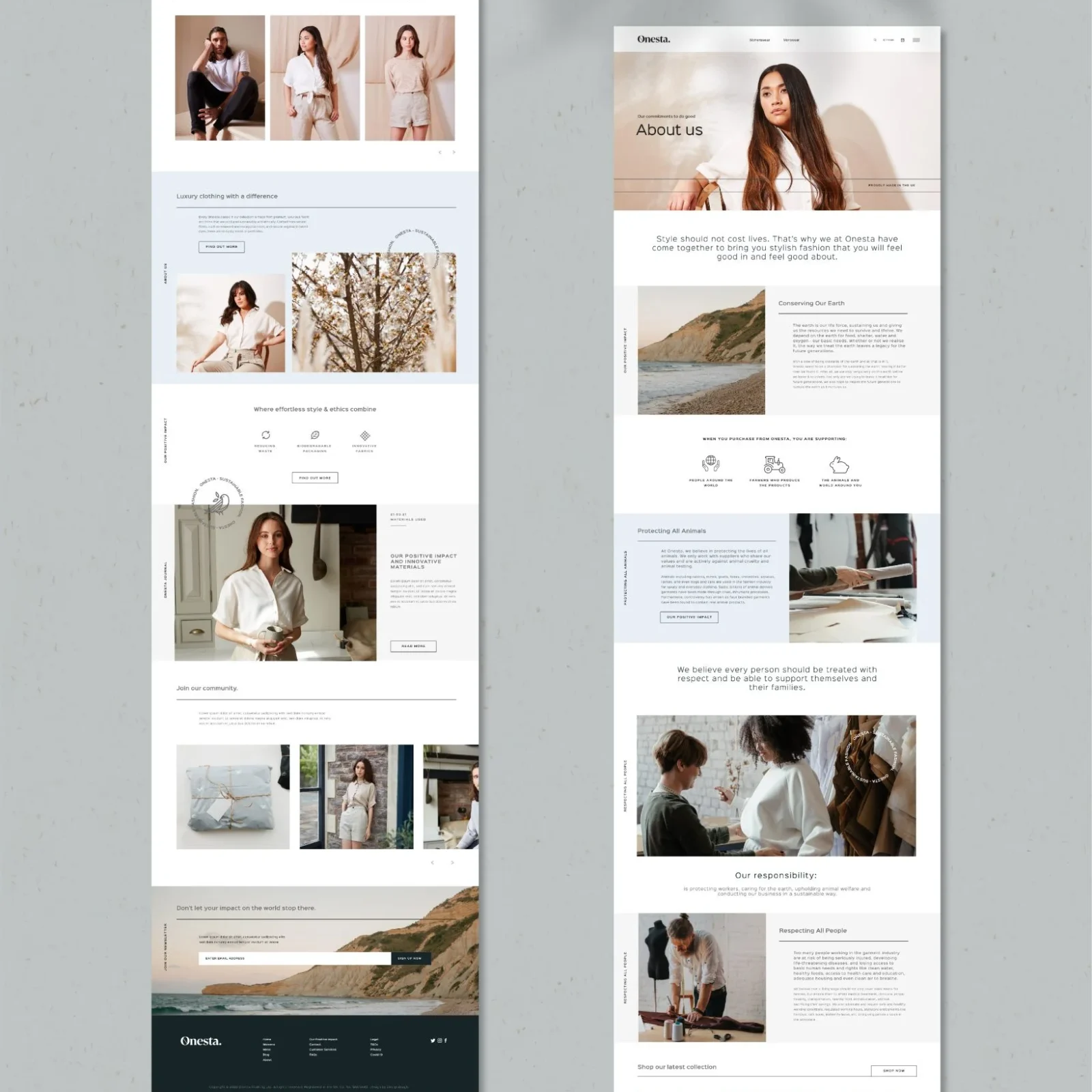 A website development layout featuring a fashion brand, including multiple pages with images of a model in various poses and outfits, text sections detailing the brand, and user interface elements like menus and buttons.