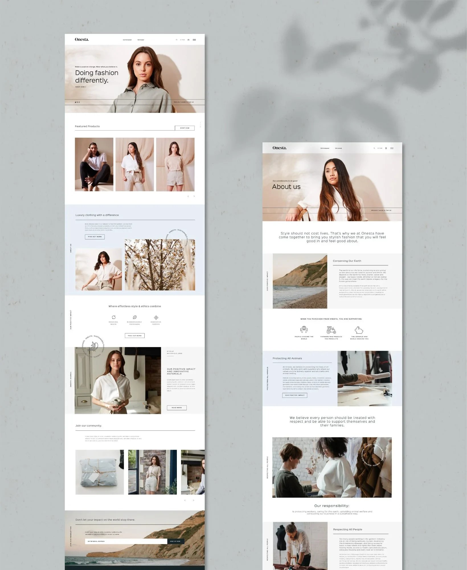 A website development layout featuring a fashion brand, including multiple pages with images of a model in various poses and outfits, text sections detailing the brand, and user interface elements like menus and buttons.