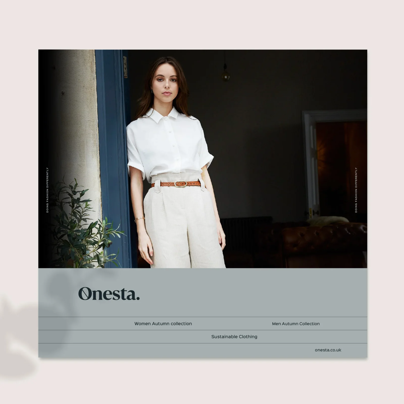 A woman models a chic, minimalist outfit featuring a white shirt and beige trousers, standing in a stylish interior designed by a top design agency in the UK. The image is an advertisement for Onesta's