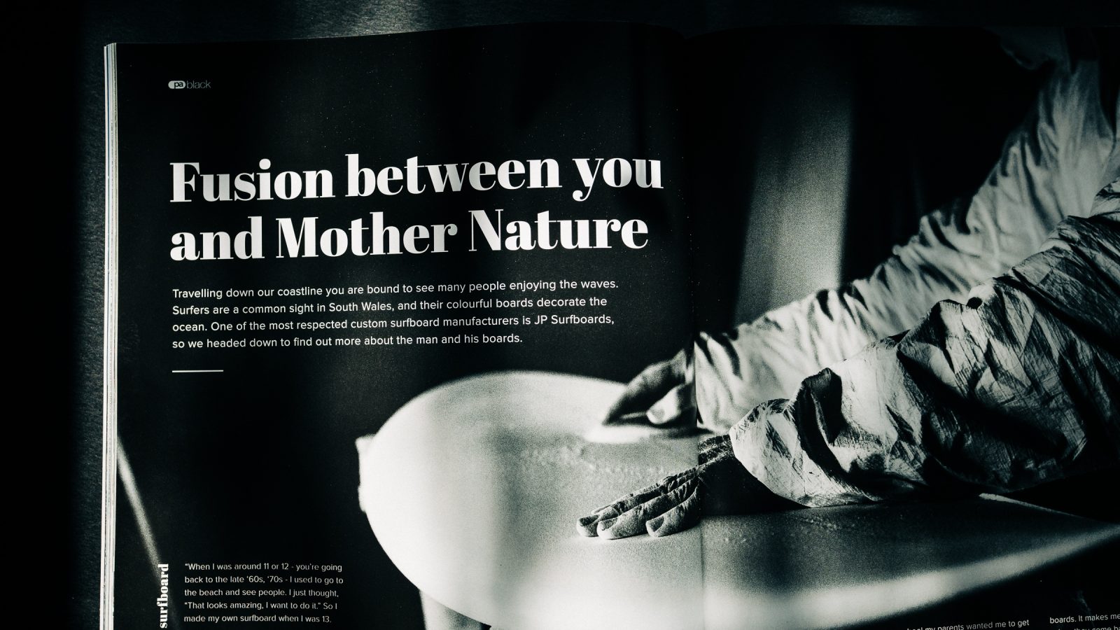 Black and white image of a magazine spread created by a Design Agency Bristol featuring surf themes, with the title 