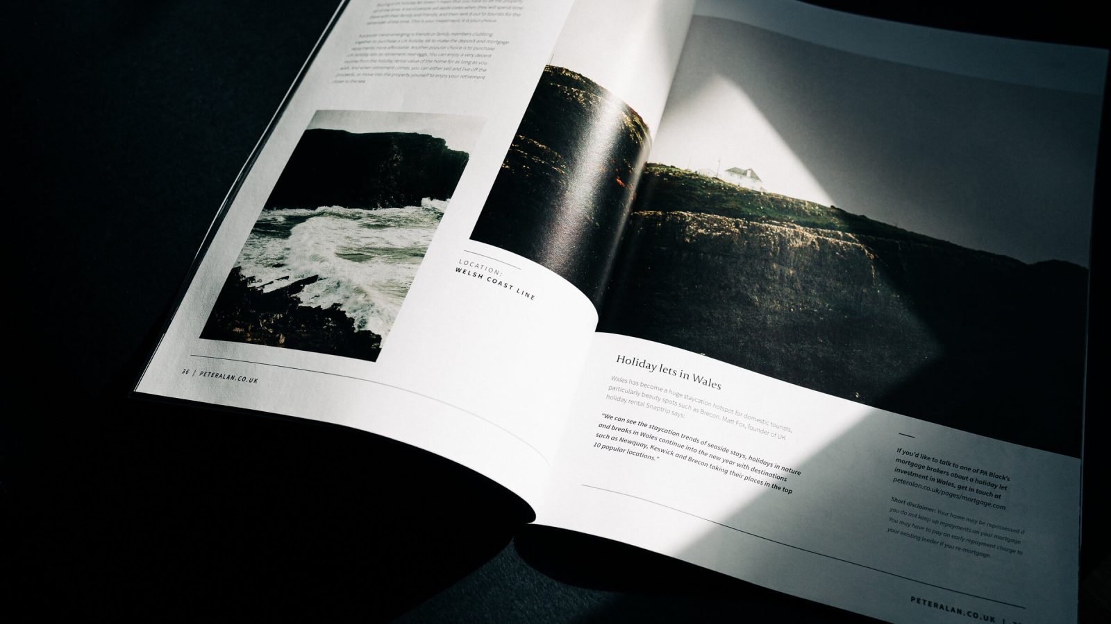 An open magazine featuring a landscape photograph across two pages, with the left displaying crashing waves and the right showing a sunlit rock face. Brand Agency UK captions are visible below the images.