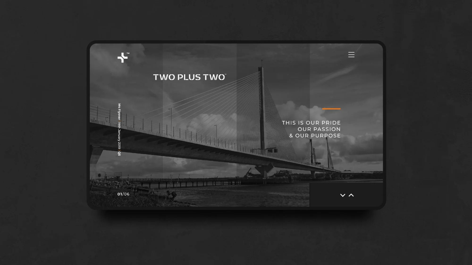 A tablet displaying a grayscale brand design featuring a dramatic image of a modern suspension bridge. Text overlays discuss themes of pride and purpose. Navigation icons are visible at the top.