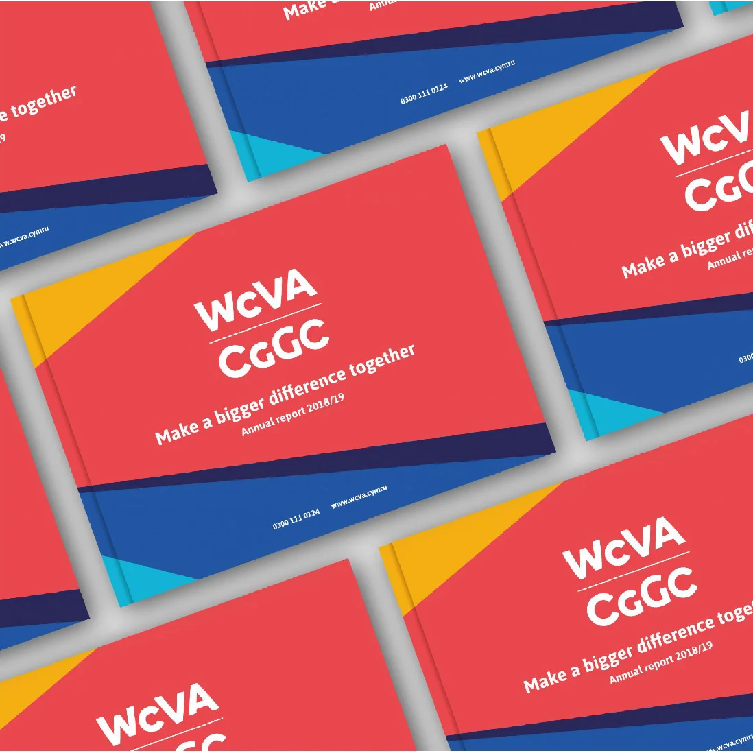 Multiple brochures with a bold design in red and blue, created by a Design Agency UK, featuring the text 