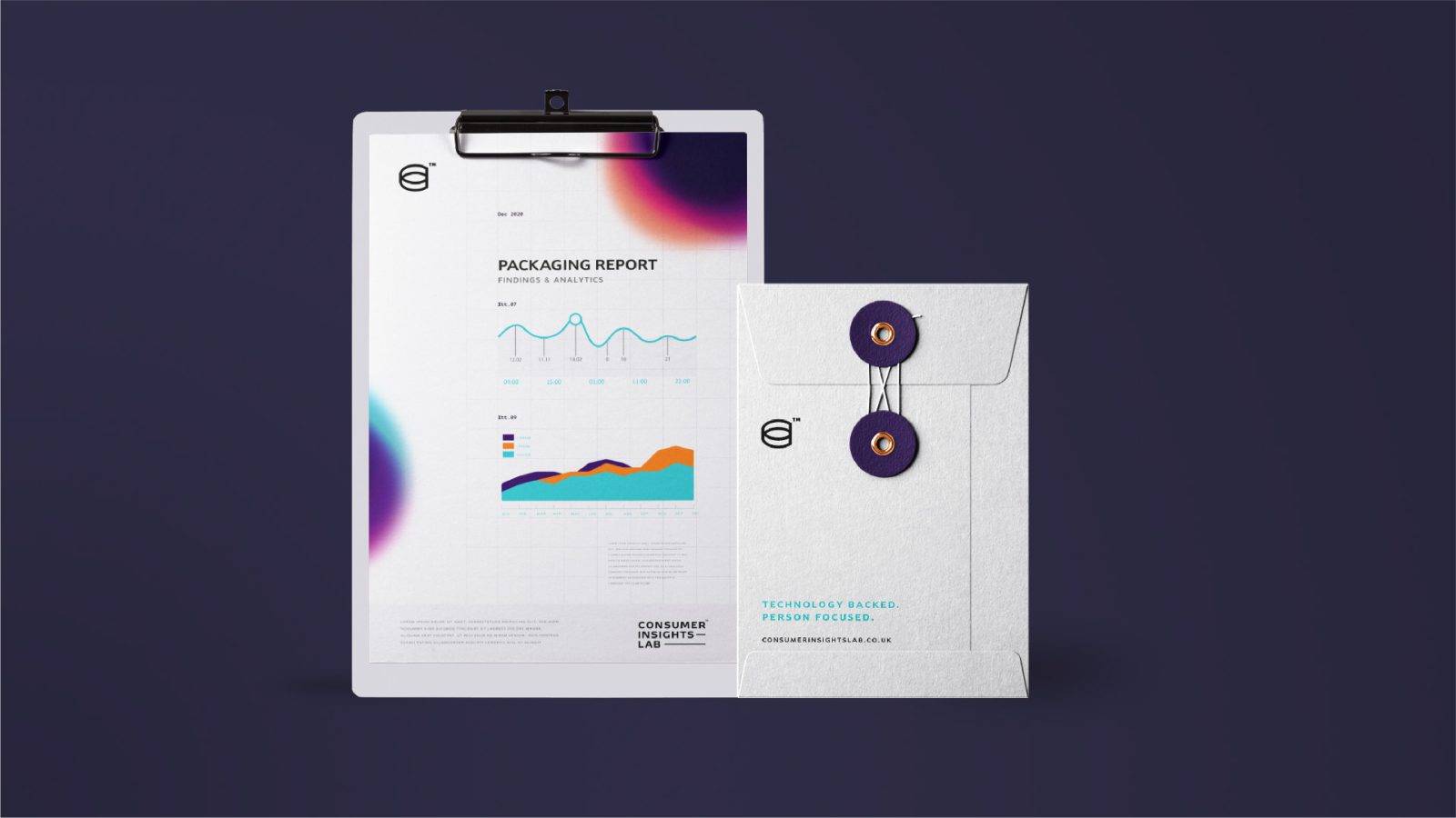 A packaging report on a clipboard displaying colorful charts and graphs, next to an envelope with identifying tags on a purple background, prepared by Design Agency UK.