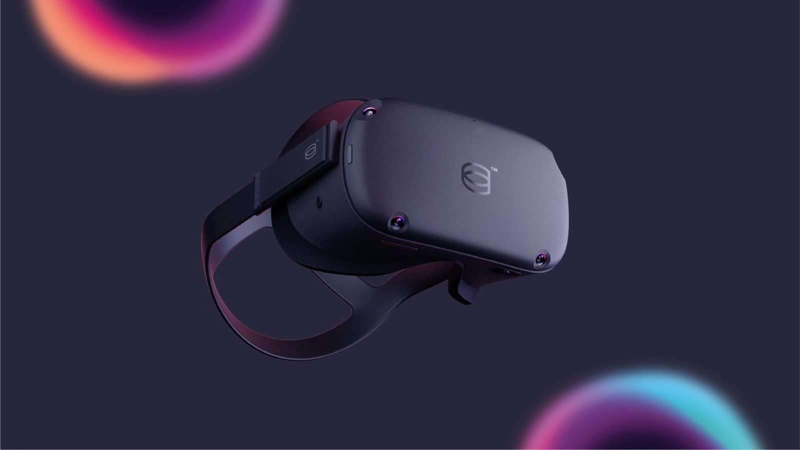 A virtual reality headset, designed by a top Brand Agency UK, floats against a dark background illuminated by colorful, soft-focus light orbs. The headset is sleek, with prominent side buttons and an adjustable strap