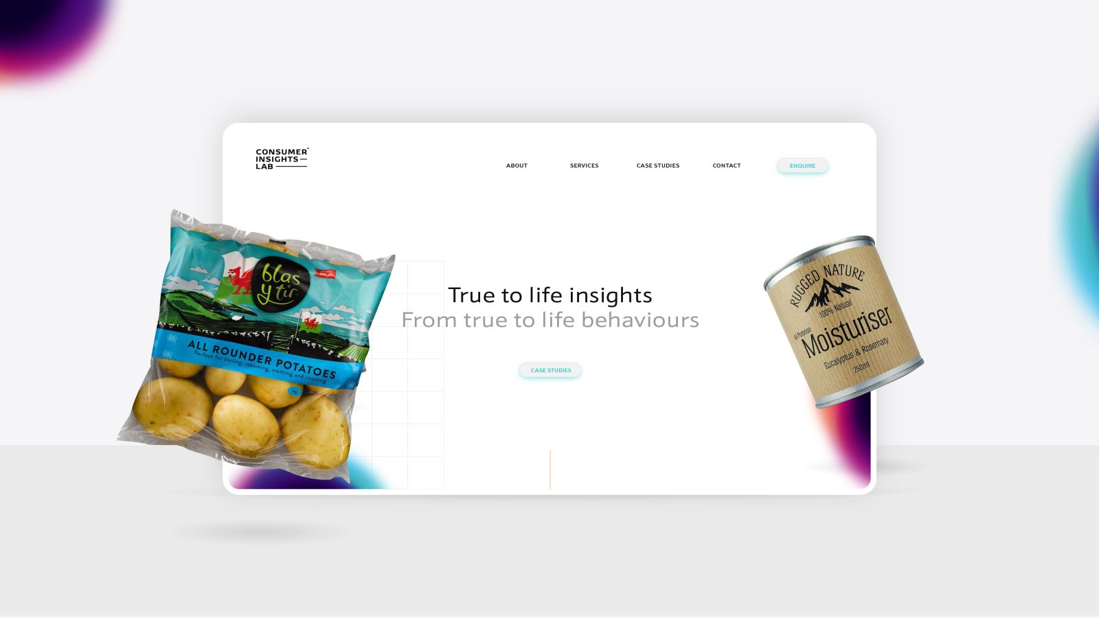 A website interface with a minimalist brand design featuring a bag of potatoes labeled 