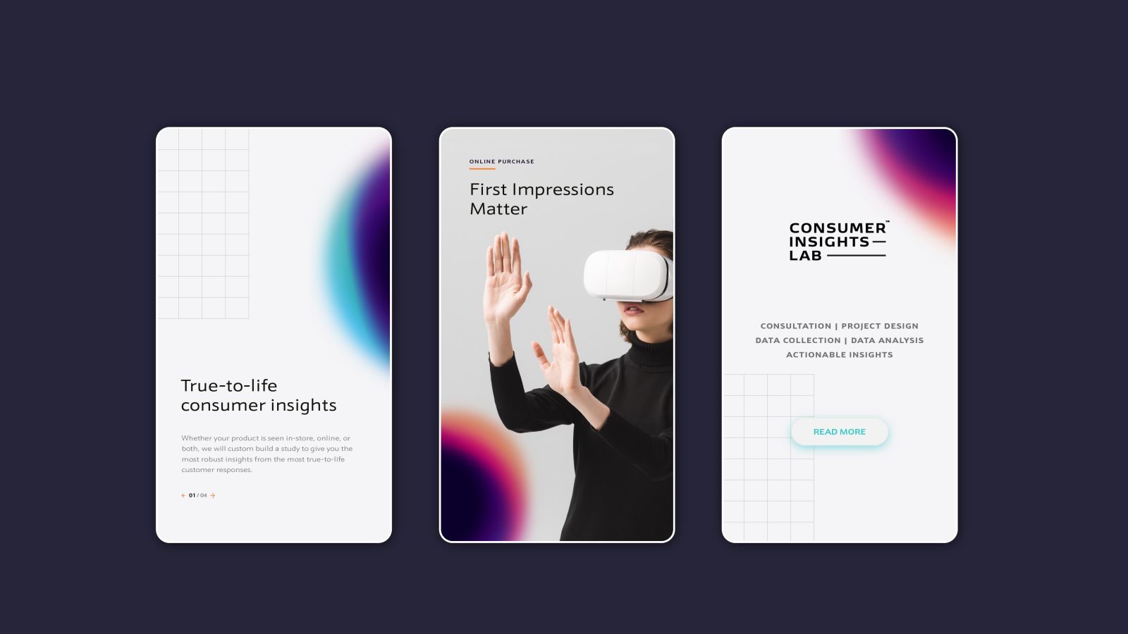 Three mobile app screens demonstrating a virtual reality app, featuring a woman using a VR headset on the central screen, and text about consumer insights and data analysis for brand agencies in the UK on the others.