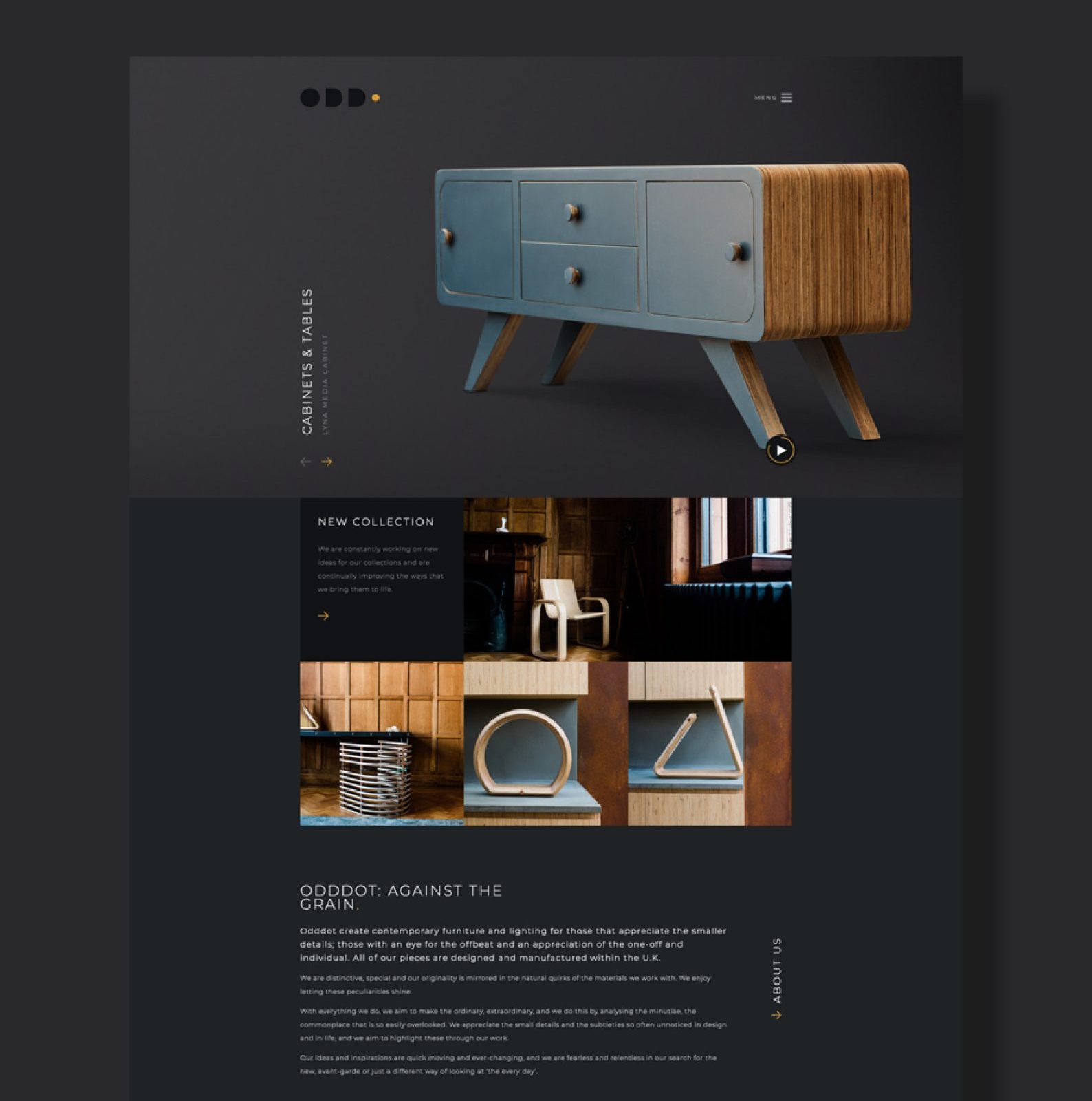 A sophisticated website design featuring a furniture store with a stylish blue and wood cabinet in the header, various interior design photos, and elegant menu options. The layout is sleek, modern, and uses a dark