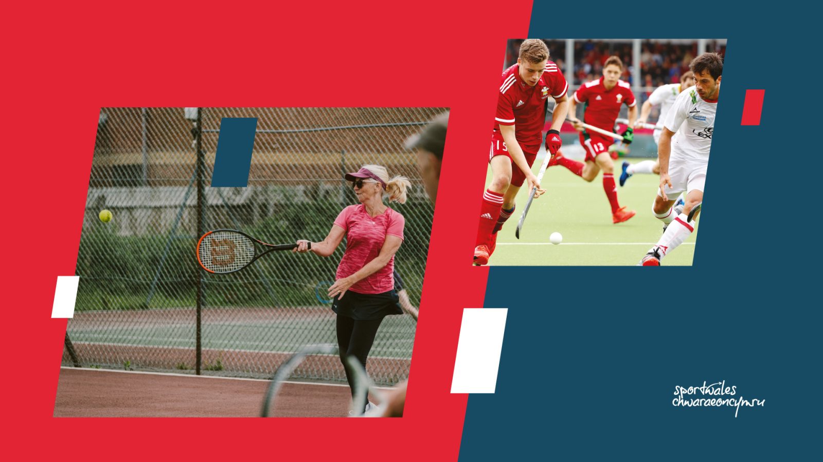 Collage of two sports scenes: on the left, a woman playing tennis on a clay court; on the right, a men's field hockey match in action. The images feature geometric shapes overlay and
