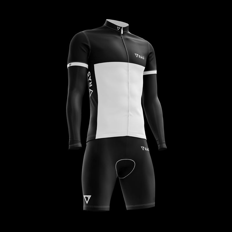 Image of a long-sleeved black and white cycling suit on a featureless, solid black background. The suit features a zippered front and logo designs on the chest, back, and thighs,