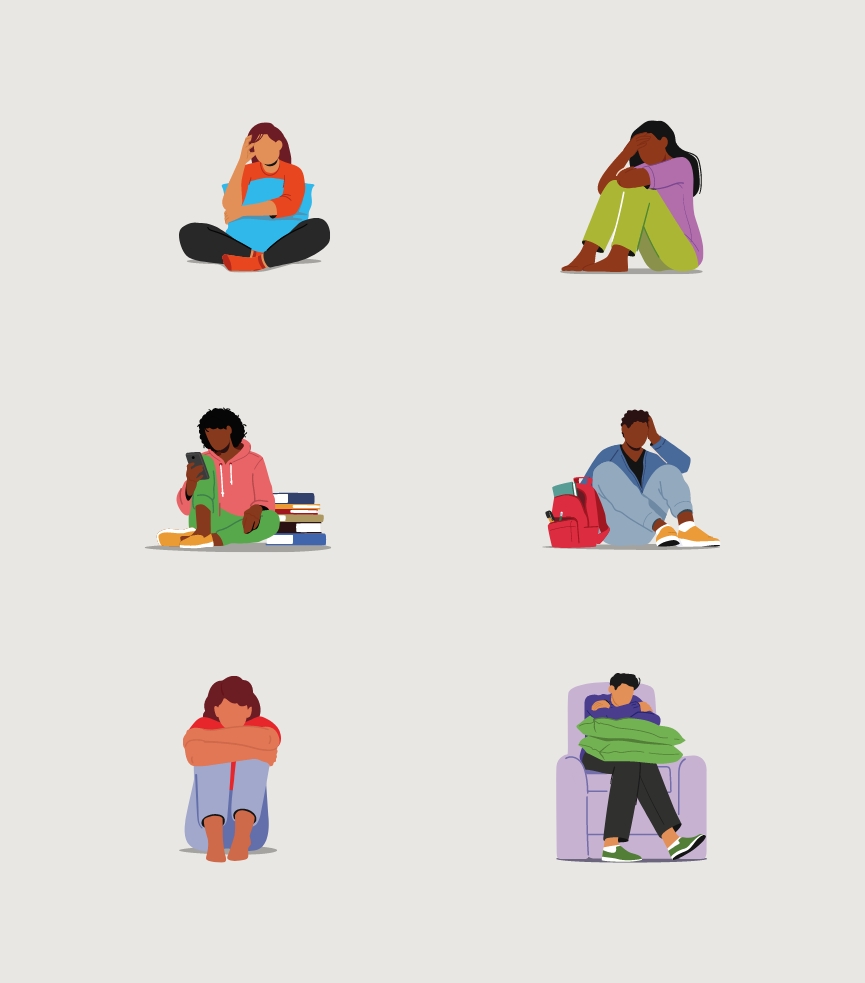 Six illustrations of diverse individuals in various poses of sadness or contemplation, including sitting on the floor, with books, and on a chair, created by a Design Agency Bristol.