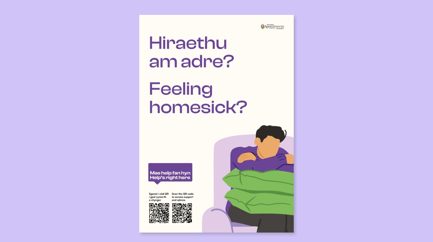 A graphic poster designed by a Design Agency UK with a purple background displays a person sitting in an armchair under a green blanket. Text reads 